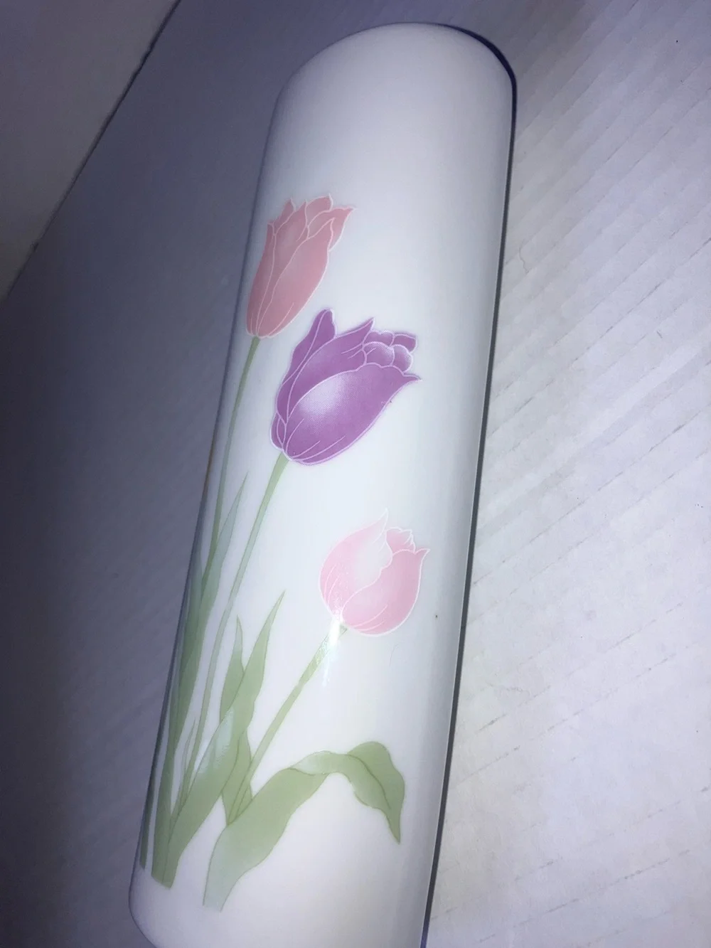 White Ceramic Tulip Vase  7” with Pastel Pink, Yellow, and Purple Flowers Vtg